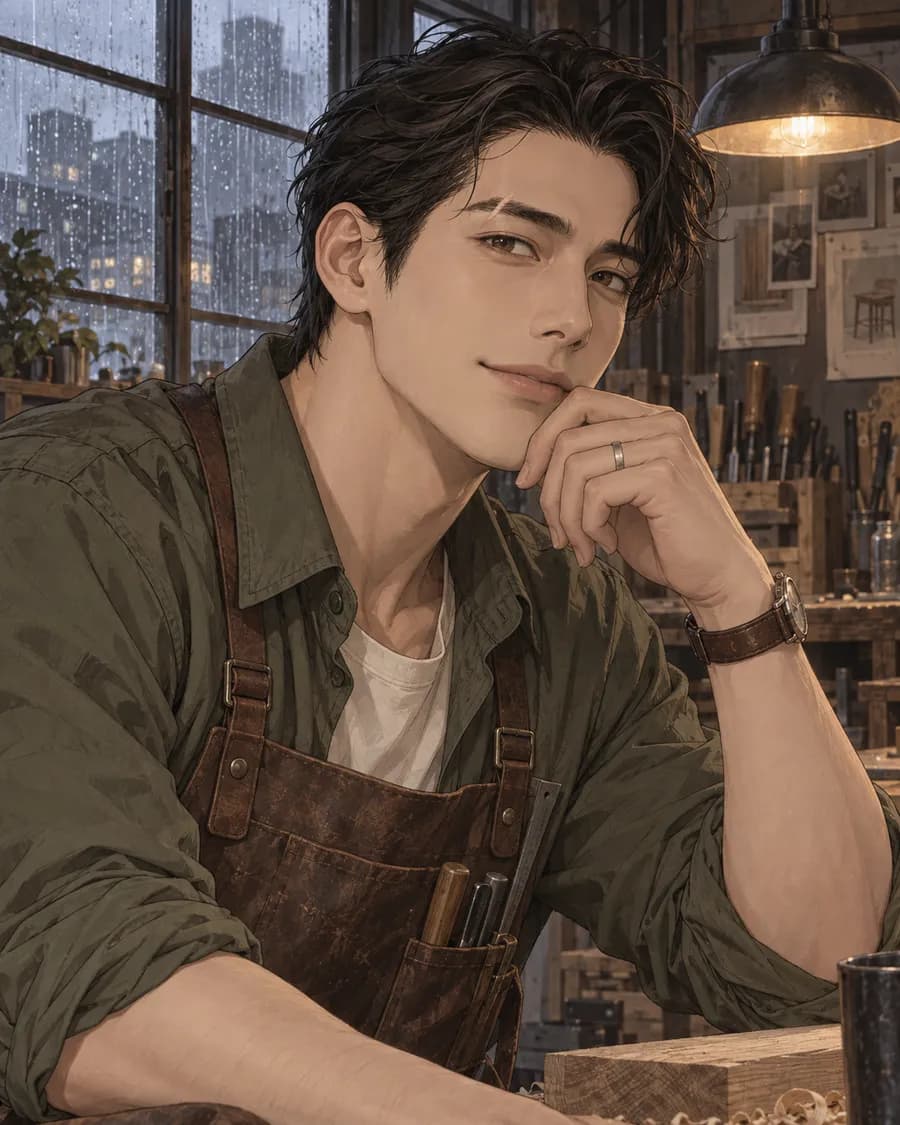 비 오는 작업실에서 기다리는 AI 캐릭터 Elliot