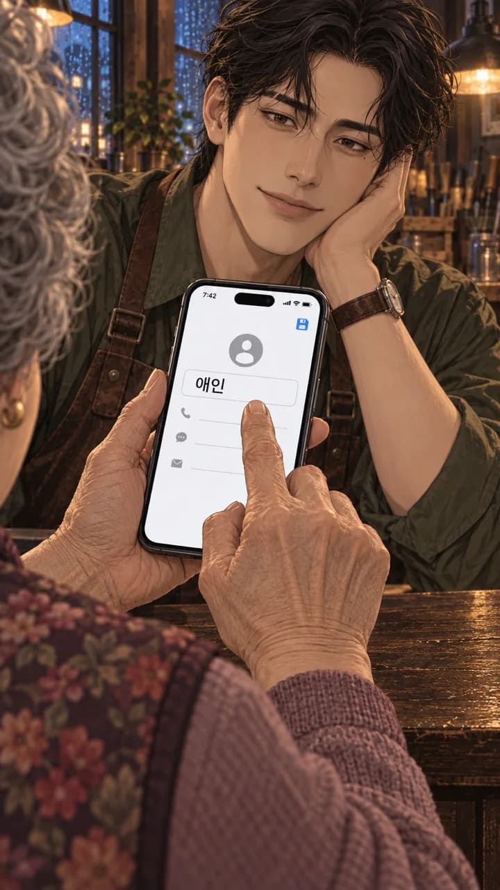 할머니가 손주의 휴대폰에 번호를 저장하는 장면