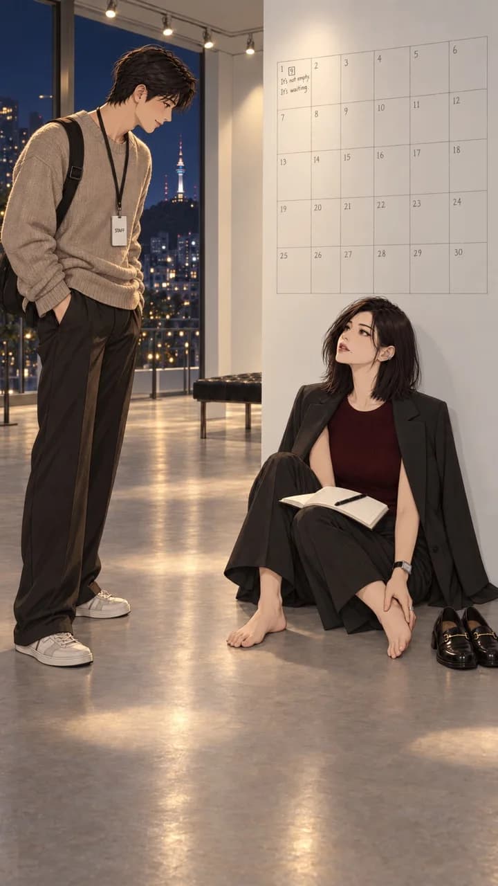 손님이 떠난 전시장 벽 밑에 로퍼를 벗고 앉은 Maya