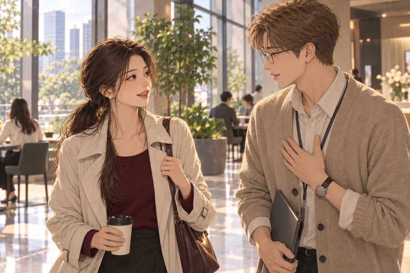 AI로 만든 장면. 같은 여성이 회사 로비에서 정중하게 거절하는 동료에게 괜찮다며 편안하게 웃어 보이는 모습