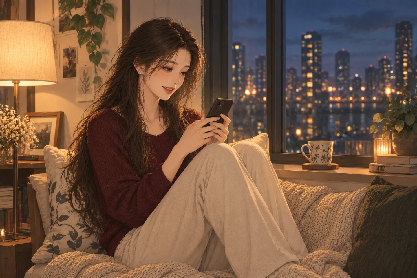 AI로 만든 장면. 저녁 창가에 앉은 같은 여성이 휴대폰을 두 손으로 쥐고 약속이 잡힌 뒤 조용히 웃는 모습