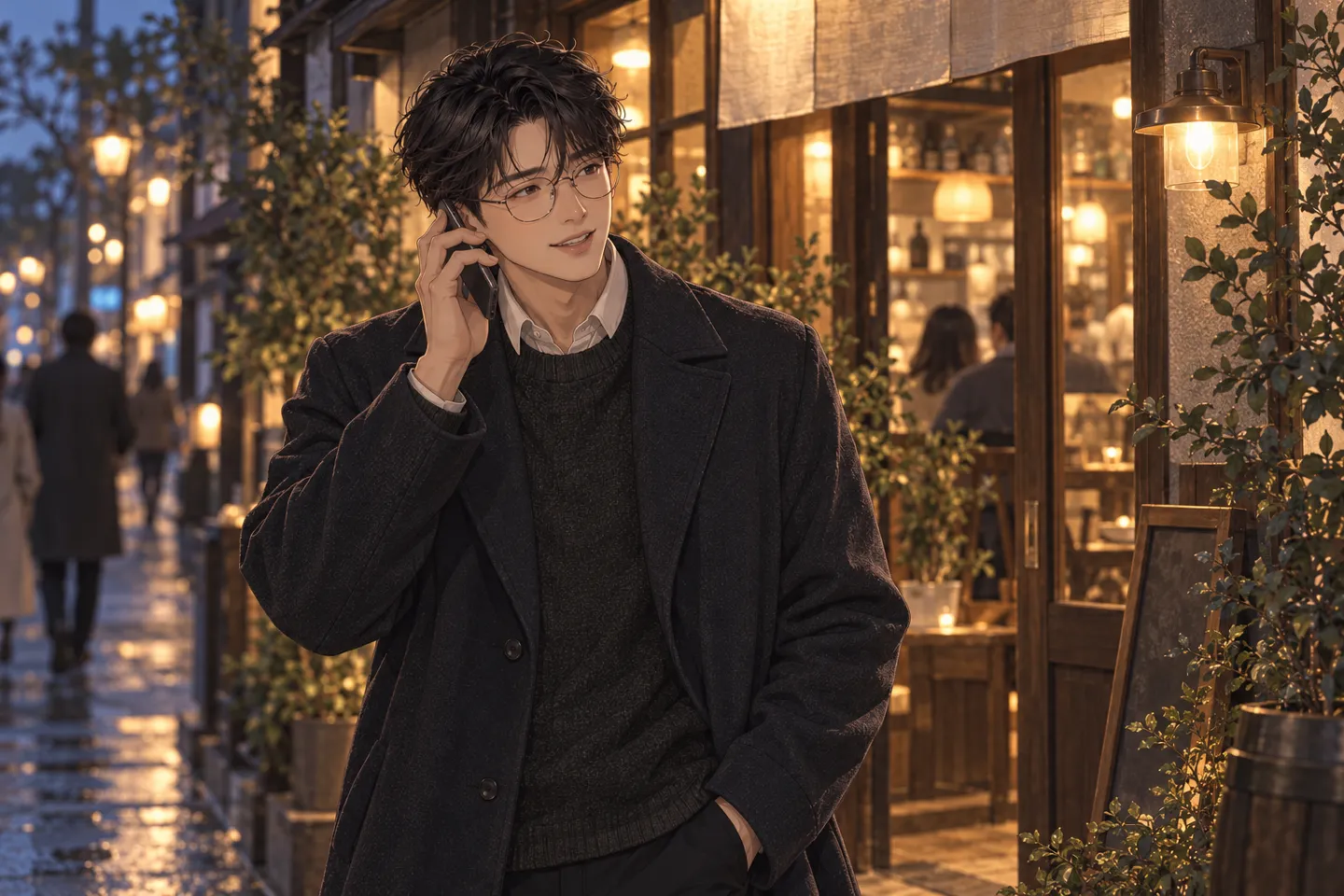 AI로 만든 장면. 같은 남성이 저녁 식당 앞에서 통화하며 늦을 것 같다는 친구에게 천천히 오라고 웃으며 답하는 모습