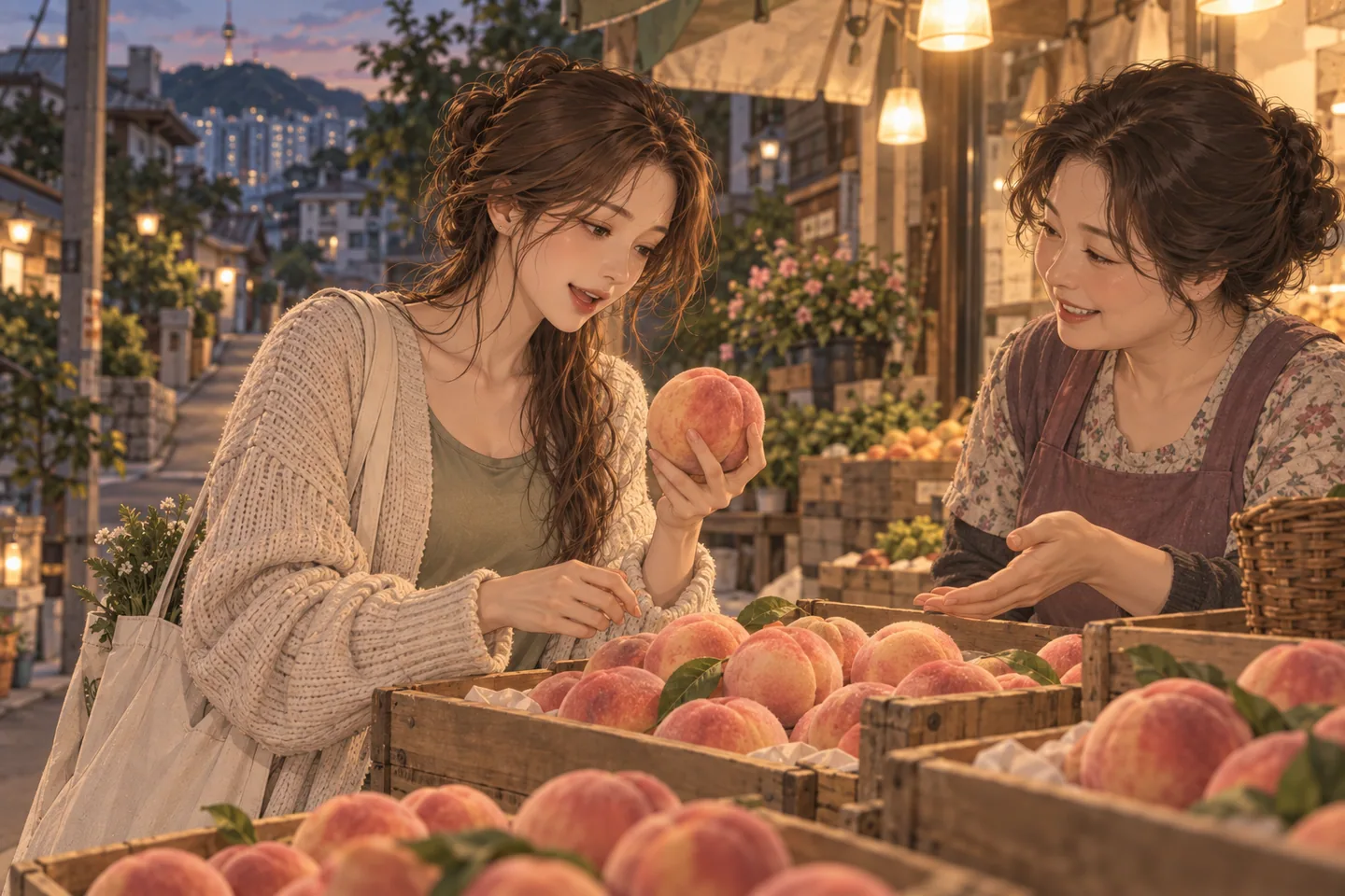 같은 여성이 과일 가게에서 복숭아를 골라 담는 모습