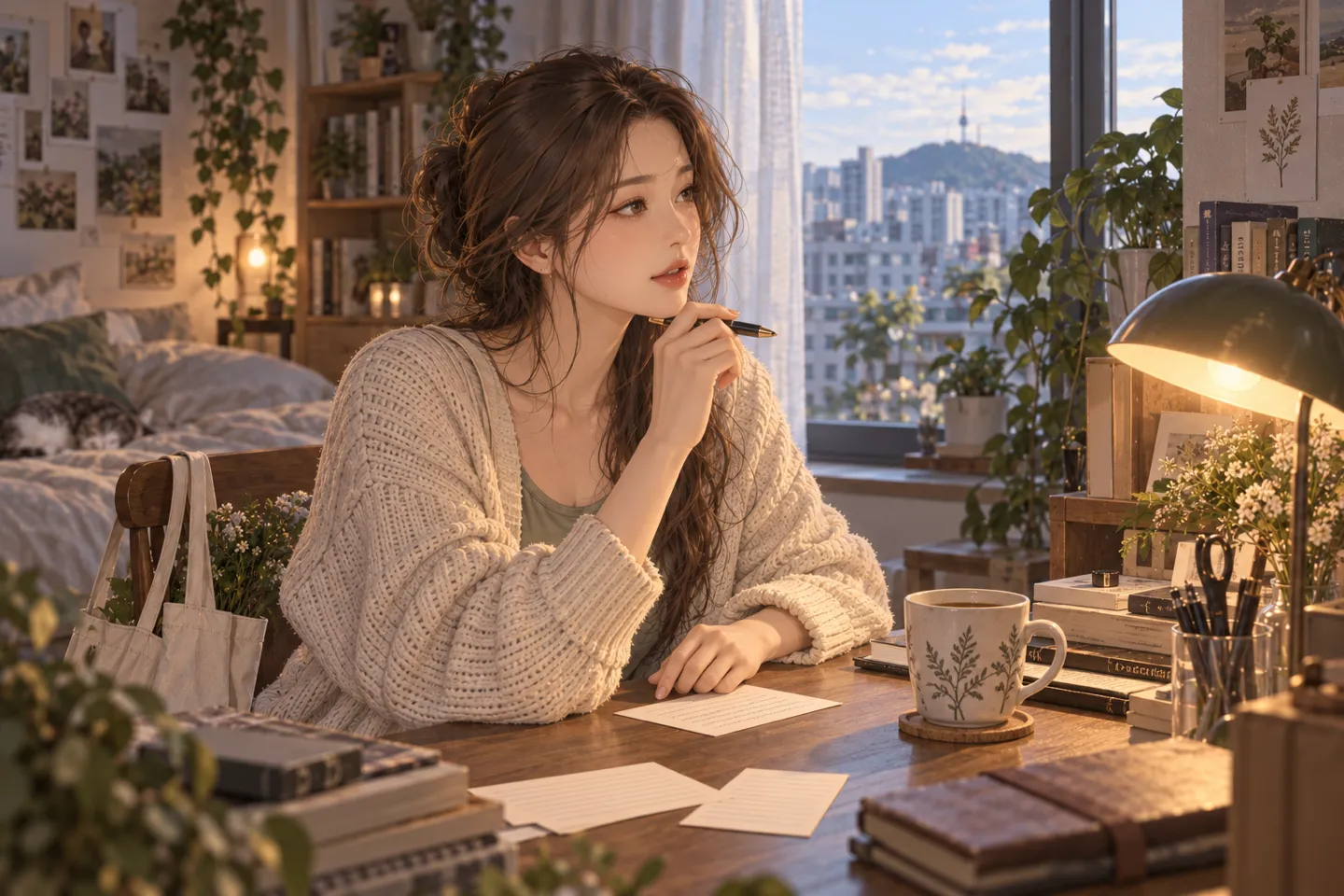 AI로 만든 장면. 출근 전 아침, 밤색 머리를 묶은 여성이 책상에서 작은 카드에 스스로에게 던질 질문을 적다가 펜을 들고 다음 질문을 생각하는 모습