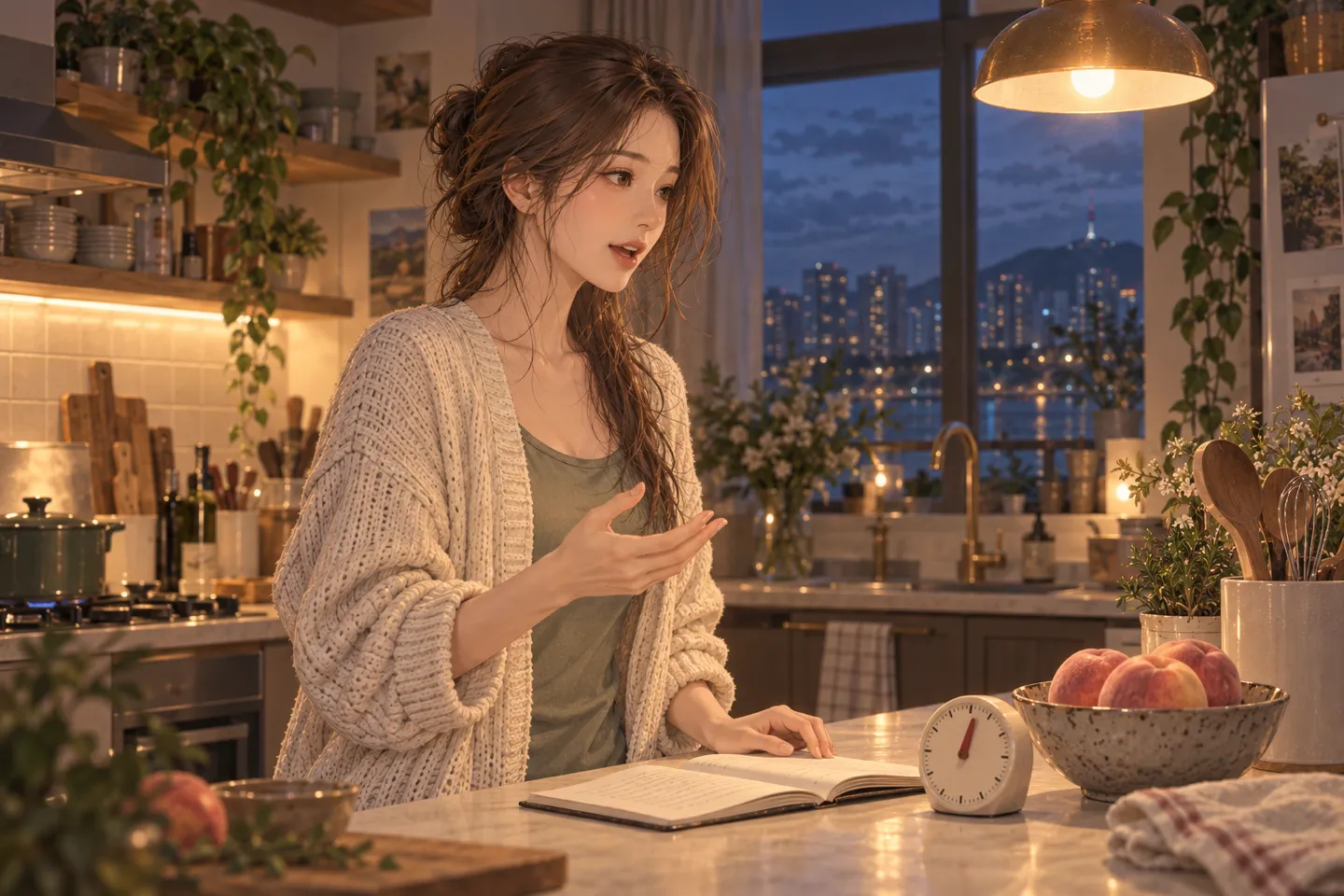 AI로 만든 장면. 저녁 부엌에서 같은 여성이 작은 타이머를 켜 두고 노트를 옆에 둔 채 소리 내어 답해 보는 모습