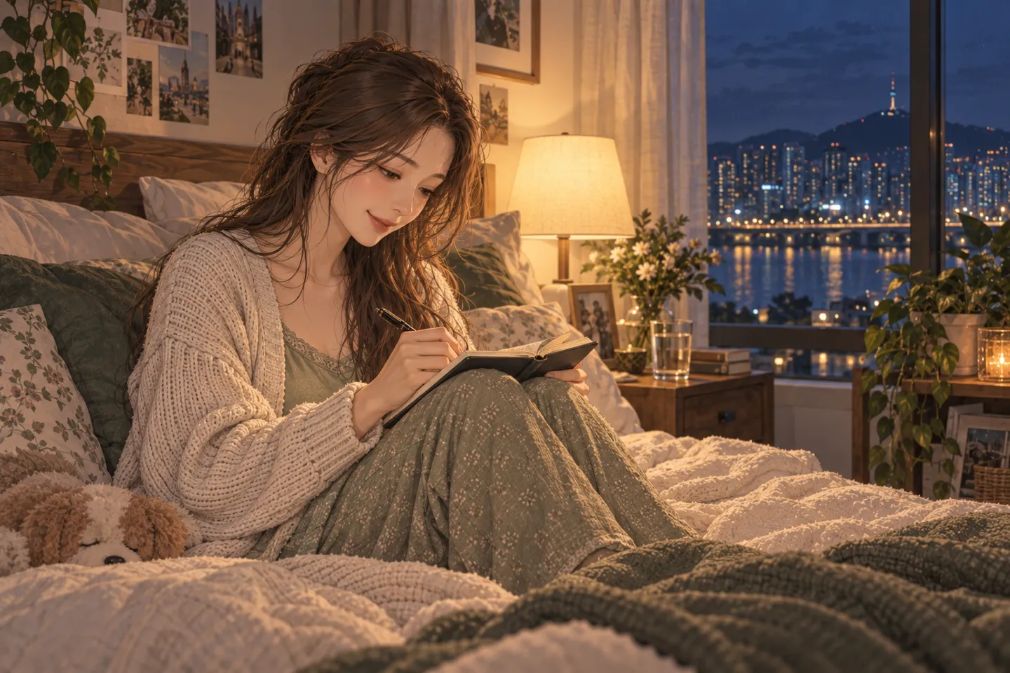 AI로 만든 장면. 자기 전 침대에 기대앉은 같은 여성이 스탠드 불빛 아래 노트에 오늘 쓴 문장 한 줄을 적는 모습