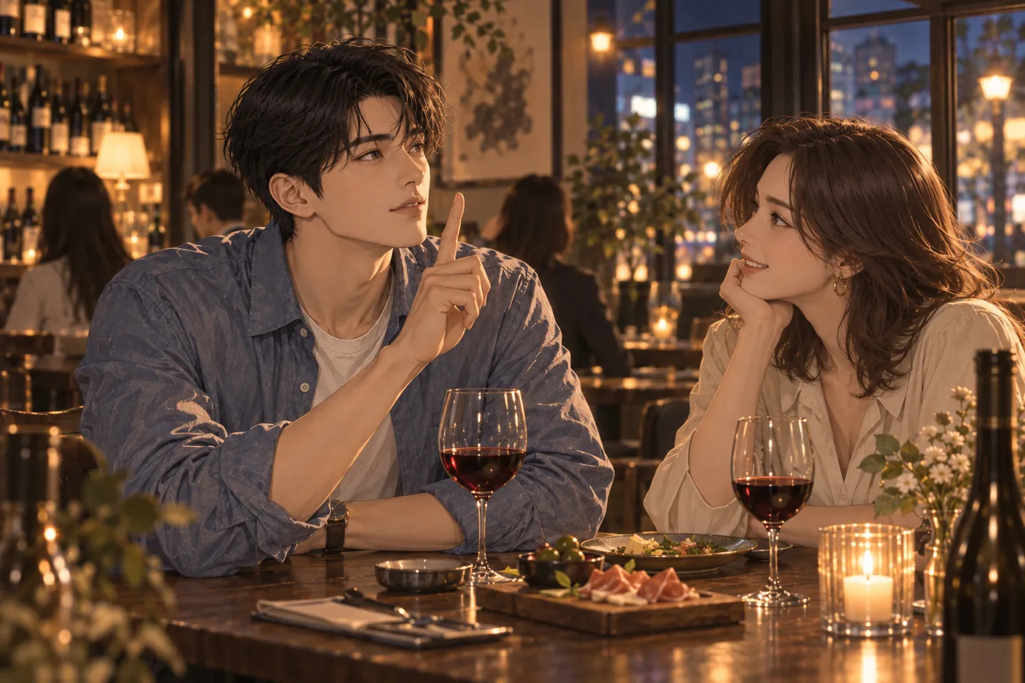 AI로 만든 장면. 퇴근 후 모임에서 같은 남성이 손가락을 살짝 들고 잠깐 생각할 시간을 청하고, 맞은편 동료가 웃으며 기다려 주는 모습
