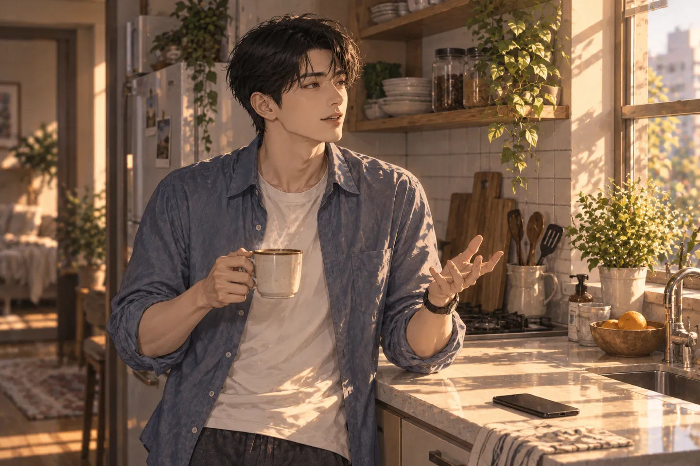 AI로 만든 장면. 아침 부엌에서 같은 남성이 커피잔을 든 채 혼자 짧은 영어 답을 소리 내어 말해 보는 모습