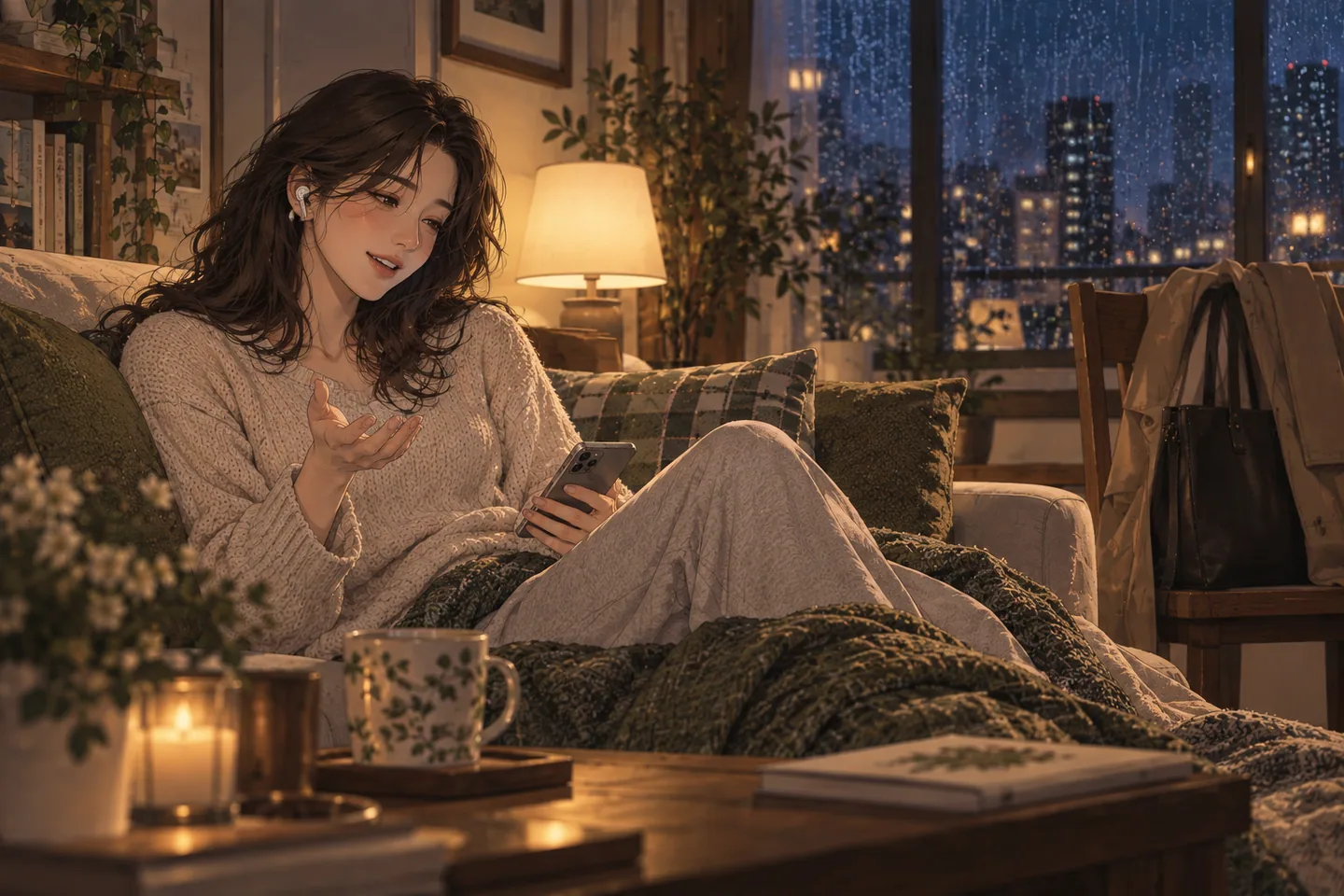 퇴근 후 소파에 편하게 기대앉아 통화에 답하는 여성