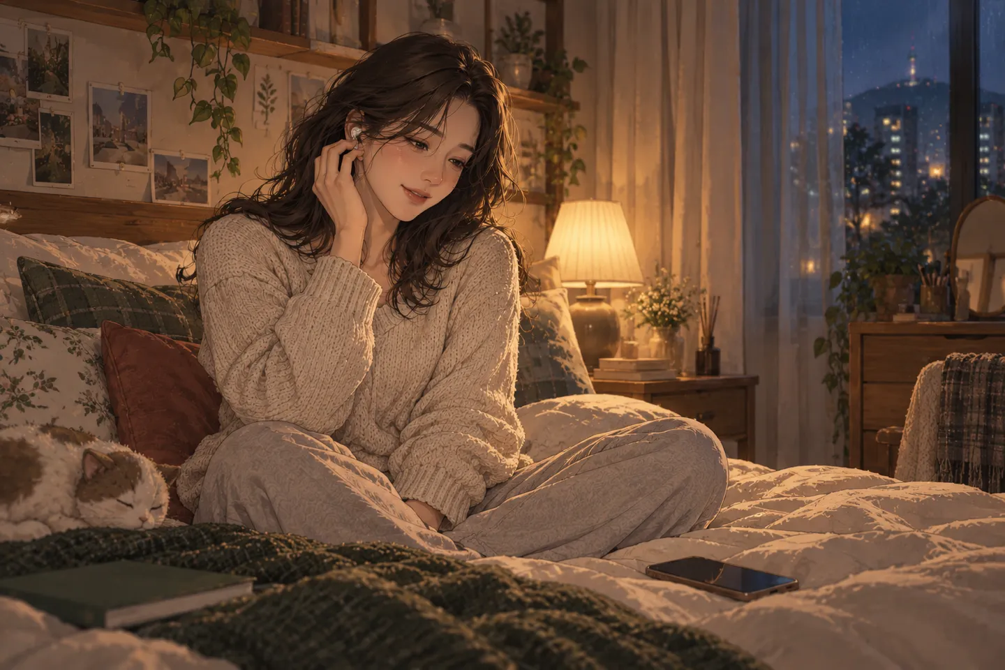 AI로 만든 장면. 조용한 저녁 방에서 웨이브 단발 여성이 침대에 앉아 이어폰을 끼며 첫 대화를 준비하는 모습