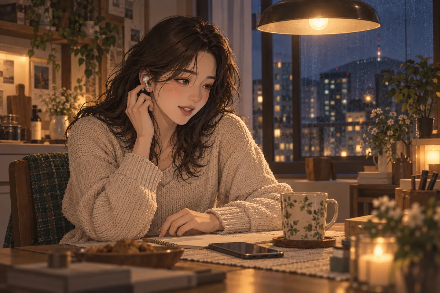 AI로 만든 장면. 같은 여성이 이어폰에 손끝을 대고 몸을 살짝 기울인 채 조금 천천히 말해 달라고 부탁하는 모습
