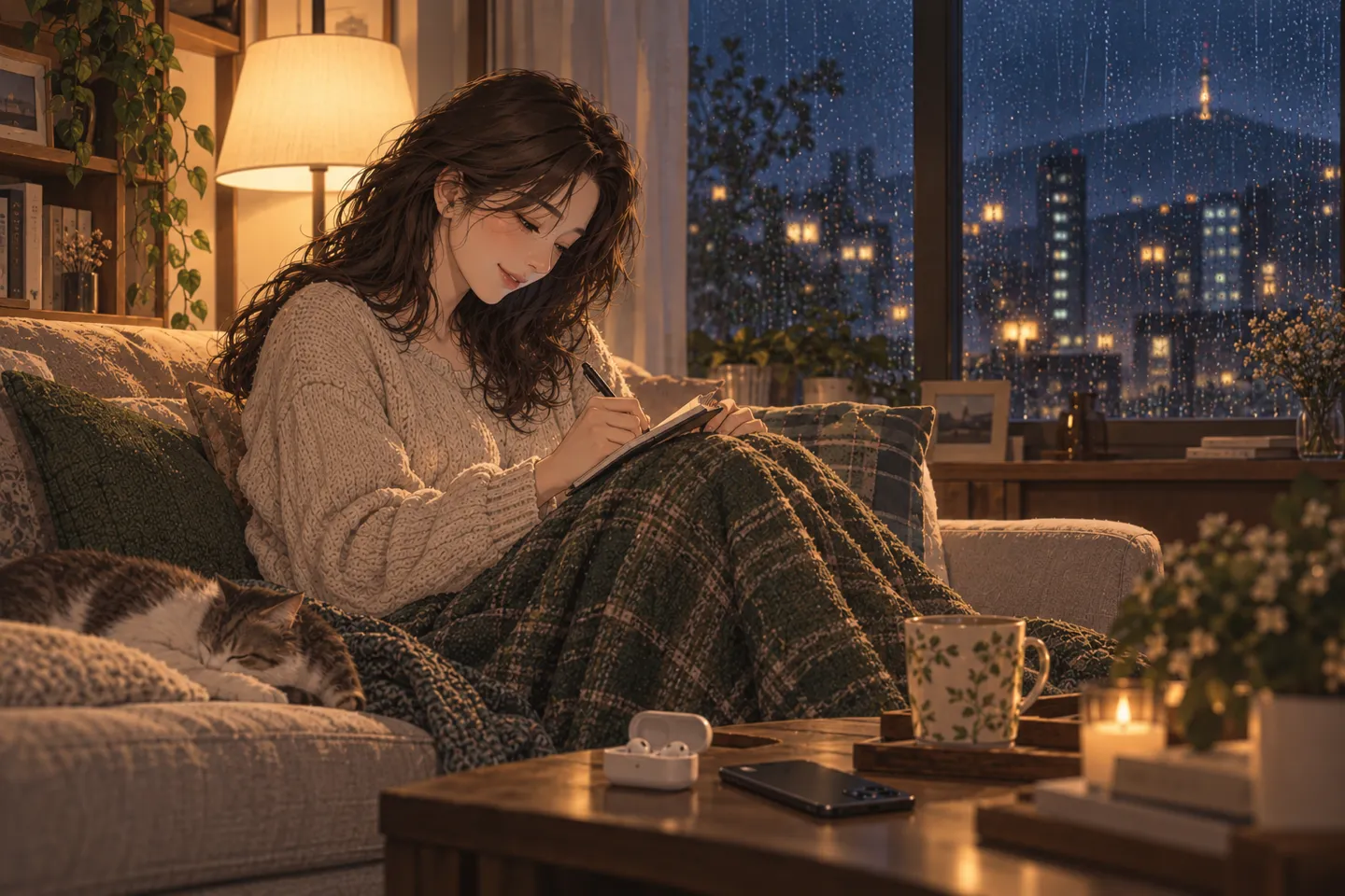 AI로 만든 장면. 통화를 마친 밤, 같은 여성이 소파에서 이어폰을 내려놓고 작은 노트에 다시 쓰고 싶은 문장 하나를 적는 모습