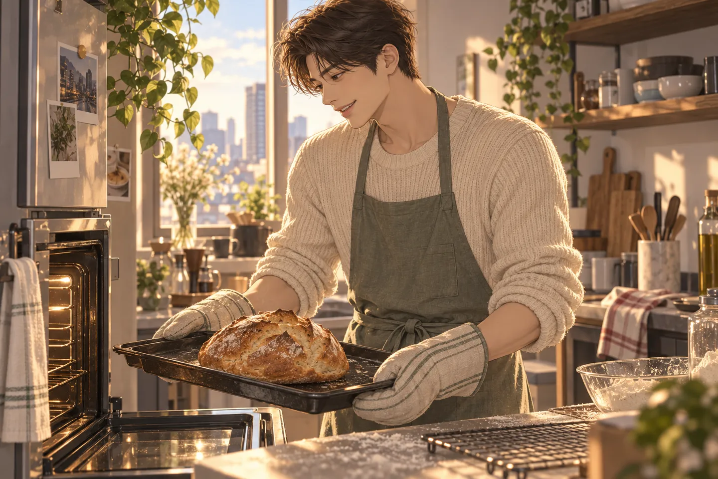 AI로 만든 장면. 주말 아침 부엌에서 같은 남성이 오븐에서 모양이 삐뚤한 빵을 꺼내며 웃는 모습