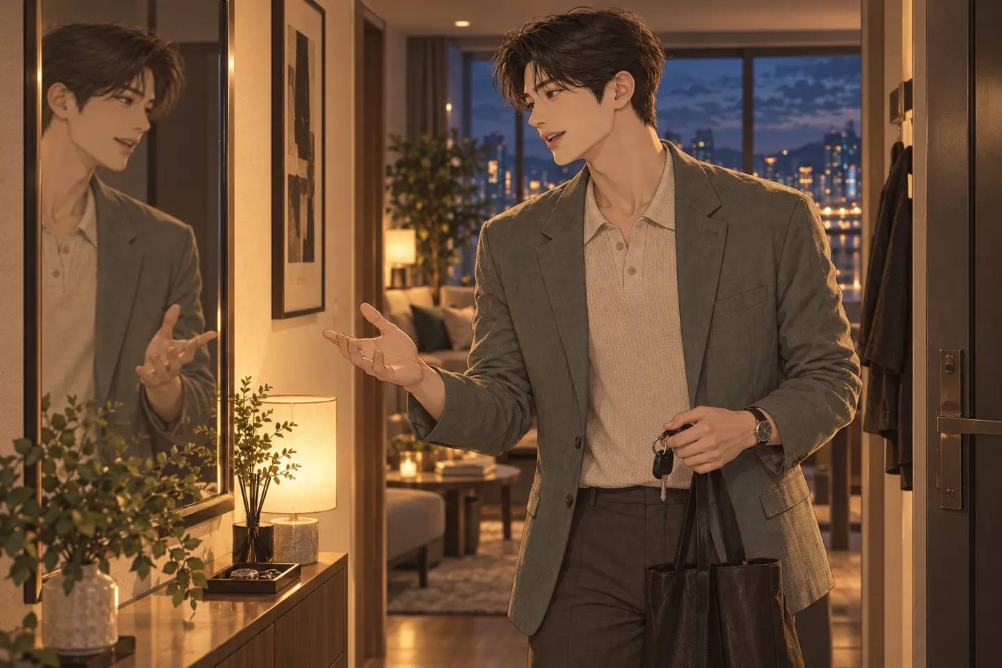 AI로 만든 장면. 외출 직전 현관 거울 앞에서 같은 남성이 손바닥을 펴 보이며 세 문장 자기소개를 소리 내어 연습하는 모습