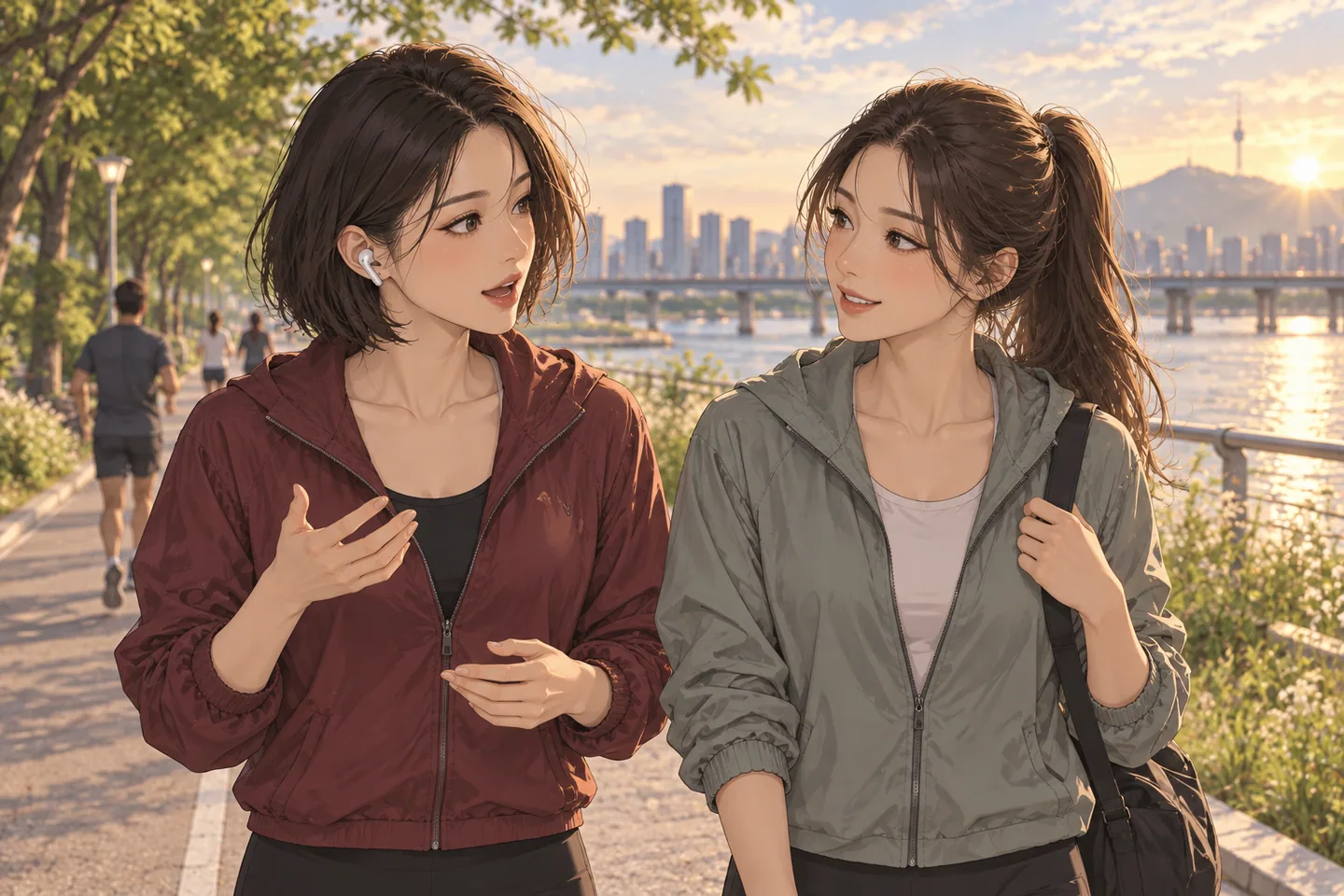 같은 여성이 여성 친구와 강변을 걸으며 달리기 이야기를 나누는 모습