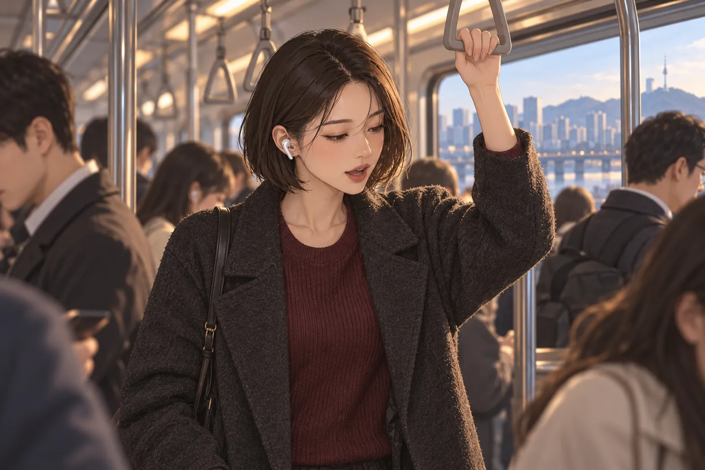 AI로 만든 장면. 출근길 지하철에서 단발머리 여성이 손잡이를 잡고 이어폰으로 들은 문장을 작게 따라 말하는 모습