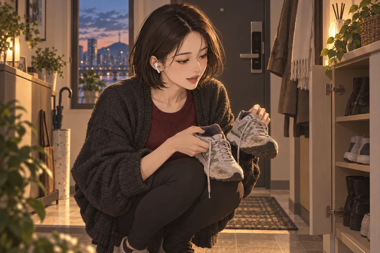 AI로 만든 장면. 같은 여성이 현관에서 오래 신지 않은 운동화를 꺼내 들고, 다시 달리기를 시작하겠다는 문장을 혼잣말로 말해 보는 모습
