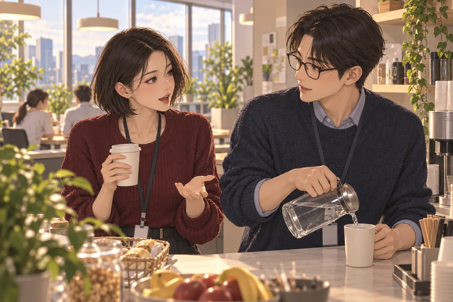 AI로 만든 장면. 회사 탕비실에서 같은 여성이 커피를 든 채 동료에게 요즘 해 보려던 게 있는지 묻고, 동료가 관심 있게 돌아보는 모습